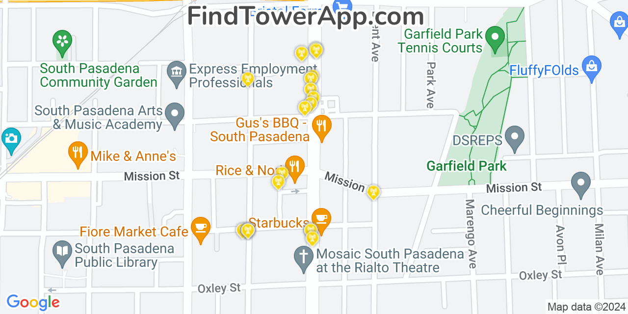 AT&T 4G/5G cell tower coverage map South Pasadena, California