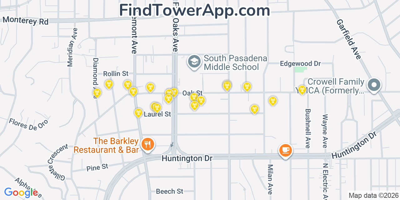 Map showing the 20 primary cell tower locations detected in South Pasadena, California from AT&T, Verizon, and T-Mobile networks
