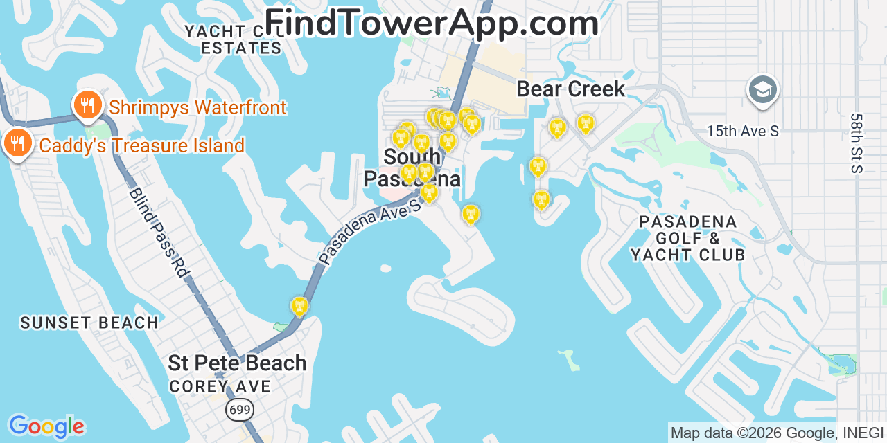 Map showing the 20 primary cell tower locations detected in South Pasadena, Florida from AT&T, Verizon, and T-Mobile networks