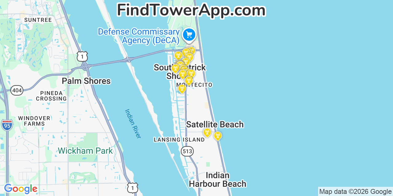 Map showing the 20 primary cell tower locations detected in South Patrick Shores, Florida from AT&T, Verizon, and T-Mobile networks