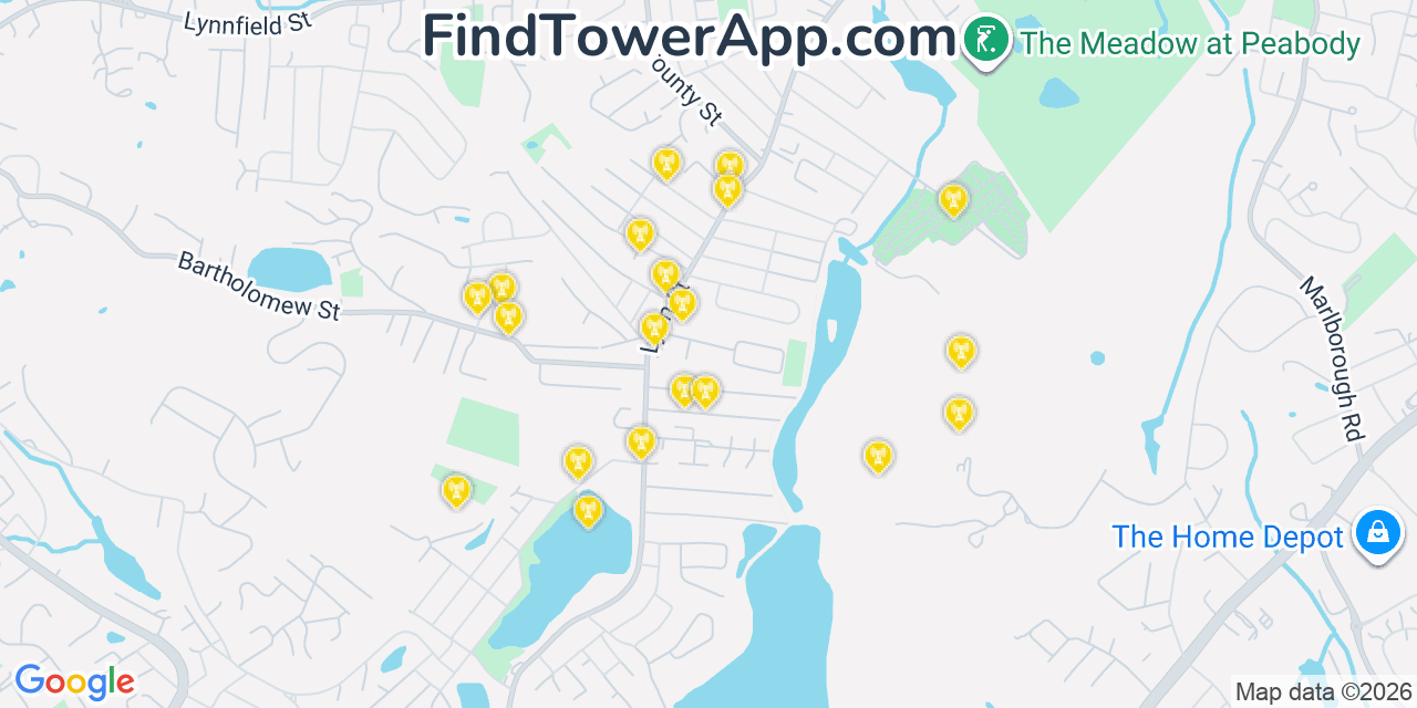 Map showing the 20 primary cell tower locations detected in South Peabody, Massachusetts from AT&T, Verizon, and T-Mobile networks