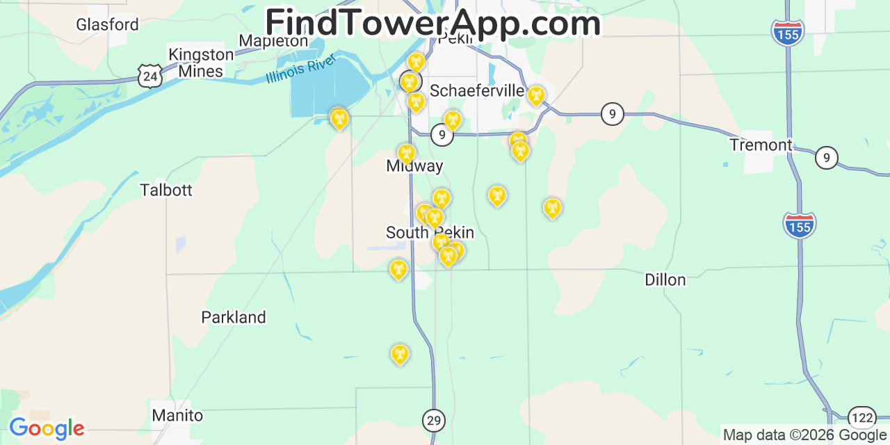 Map showing the 20 primary cell tower locations detected in South Pekin, Illinois from AT&T, Verizon, and T-Mobile networks