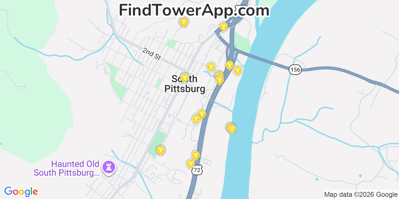 Map showing the 20 primary cell tower locations detected in South Pittsburg, Tennessee from AT&T, Verizon, and T-Mobile networks
