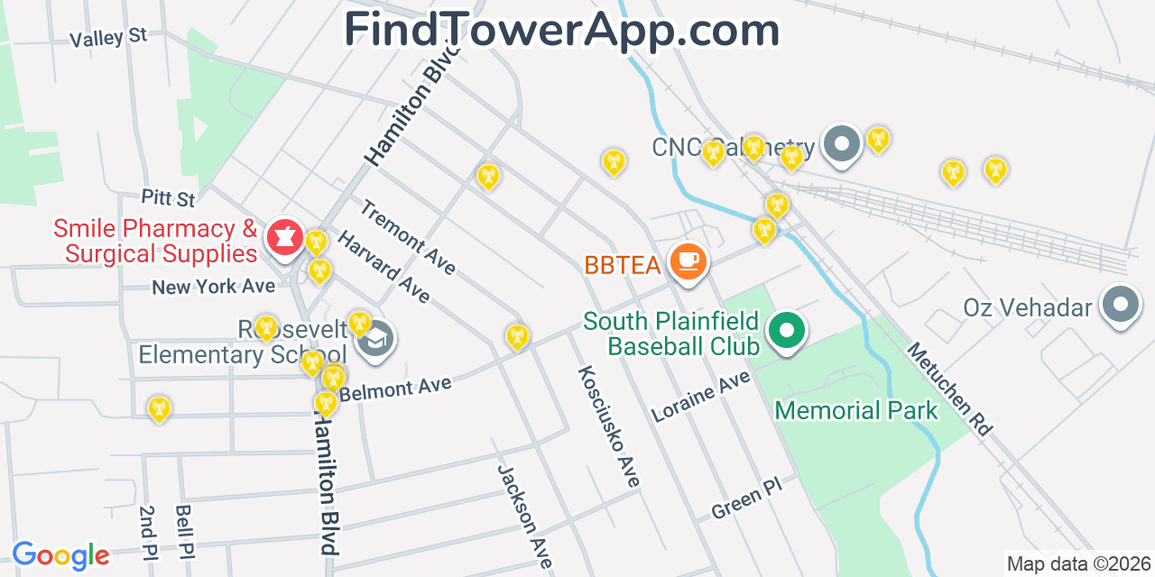 Map showing the 20 primary cell tower locations detected in South Plainfield, New Jersey from AT&T, Verizon, and T-Mobile networks