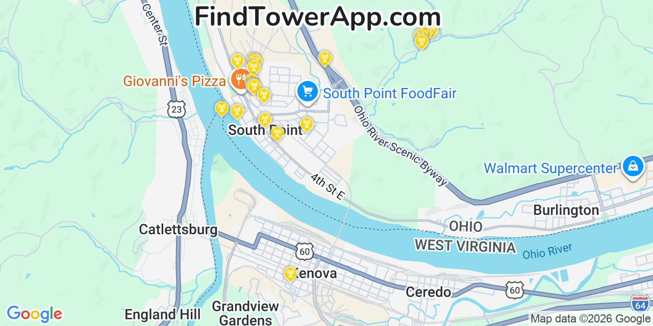 Map showing the 20 primary cell tower locations detected in South Point, Ohio from AT&T, Verizon, and T-Mobile networks