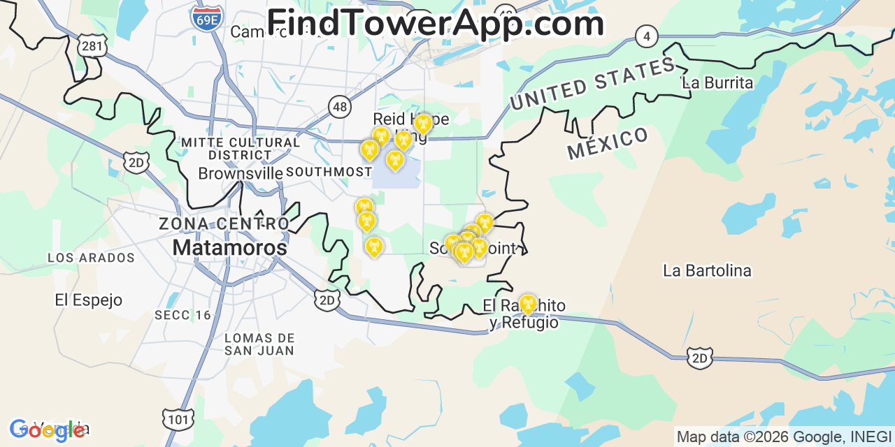 Map showing the 20 primary cell tower locations detected in South Point, Texas from AT&T, Verizon, and T-Mobile networks