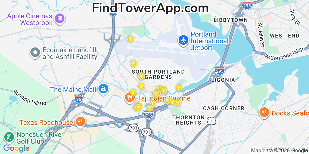Map showing the 20 primary cell tower locations detected in South Portland Gardens, Maine from AT&T, Verizon, and T-Mobile networks
