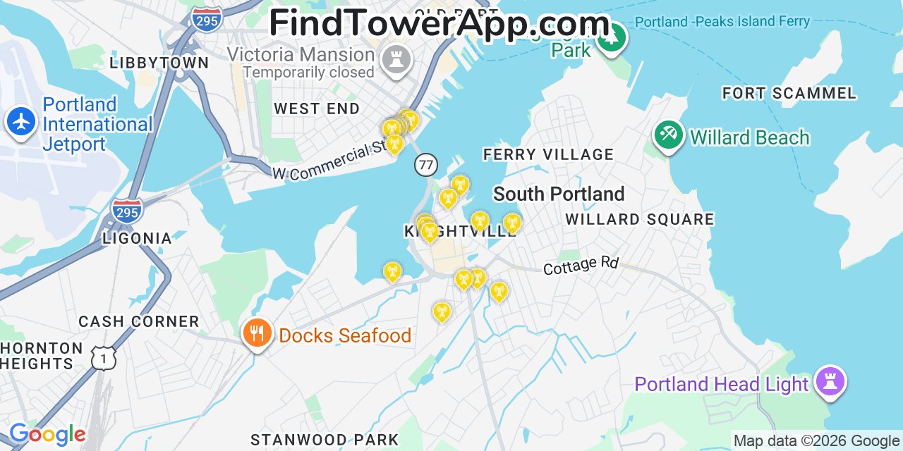 Map showing the 20 primary cell tower locations detected in South Portland, Maine from AT&T, Verizon, and T-Mobile networks