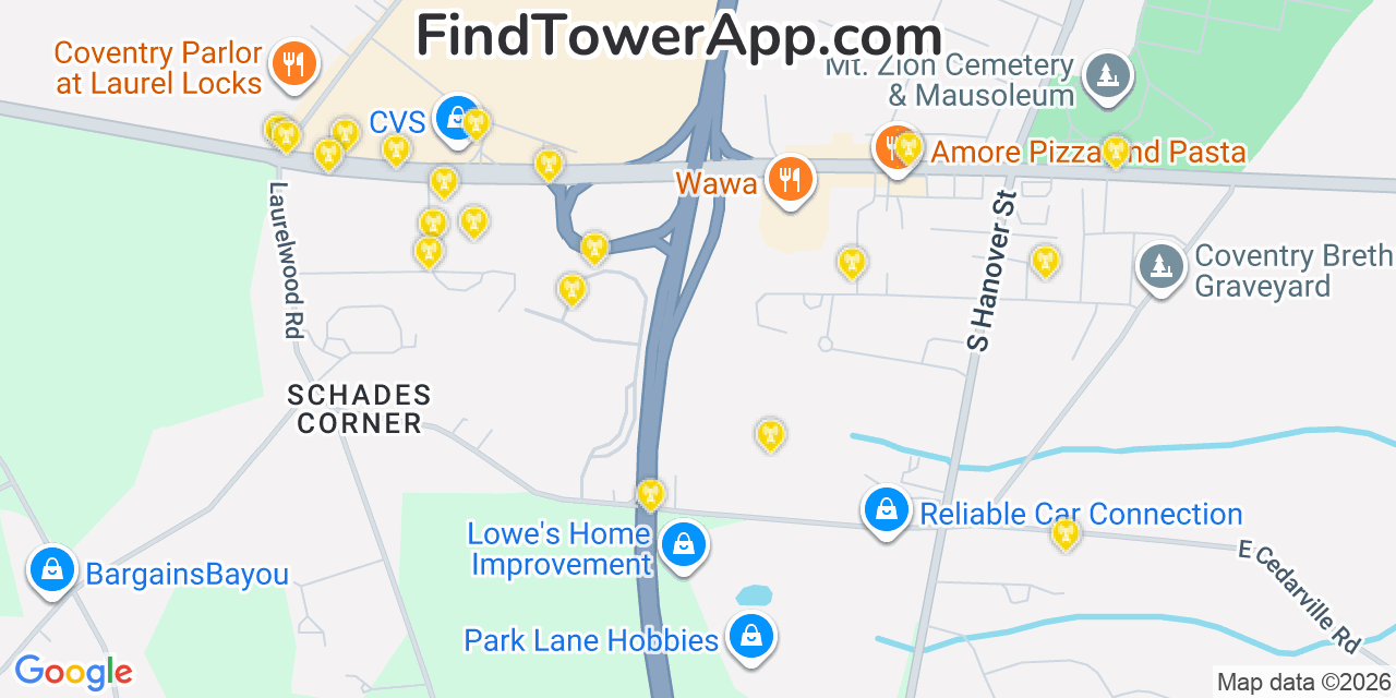 Map showing the 20 primary cell tower locations detected in South Pottstown, Pennsylvania from AT&T, Verizon, and T-Mobile networks