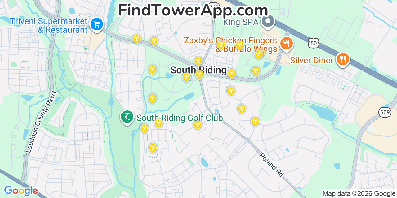 Map showing the 20 primary cell tower locations detected in South Riding, Virginia from AT&T, Verizon, and T-Mobile networks