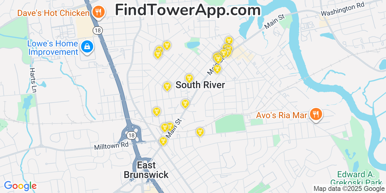 Map showing the 20 primary cell tower locations detected in South River, New Jersey from AT&T, Verizon, and T-Mobile networks