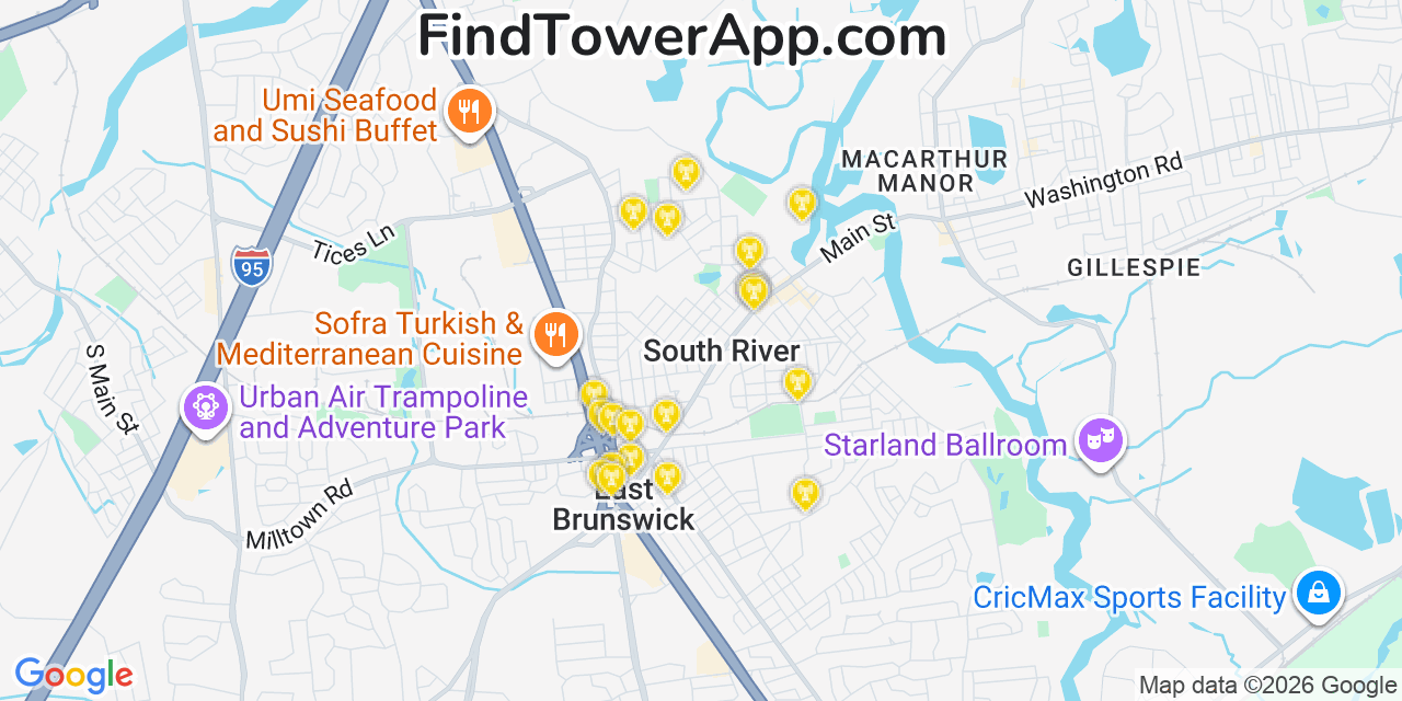 Map showing the 20 primary cell tower locations detected in South River, New Jersey from AT&T, Verizon, and T-Mobile networks