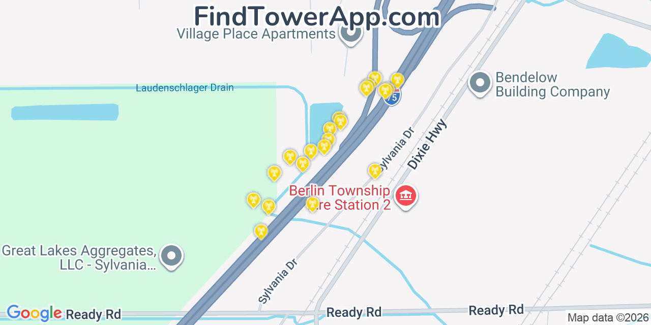 Map showing the 20 primary cell tower locations detected in South Rockwood, Michigan from AT&T, Verizon, and T-Mobile networks