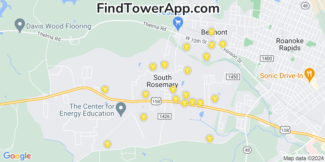 AT&T 4G/5G cell tower coverage map South Rosemary, North Carolina