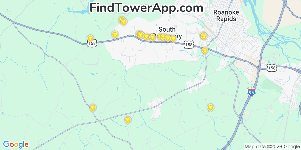 Map showing the 20 primary cell tower locations detected in South Rosemary, North Carolina from AT&T, Verizon, and T-Mobile networks