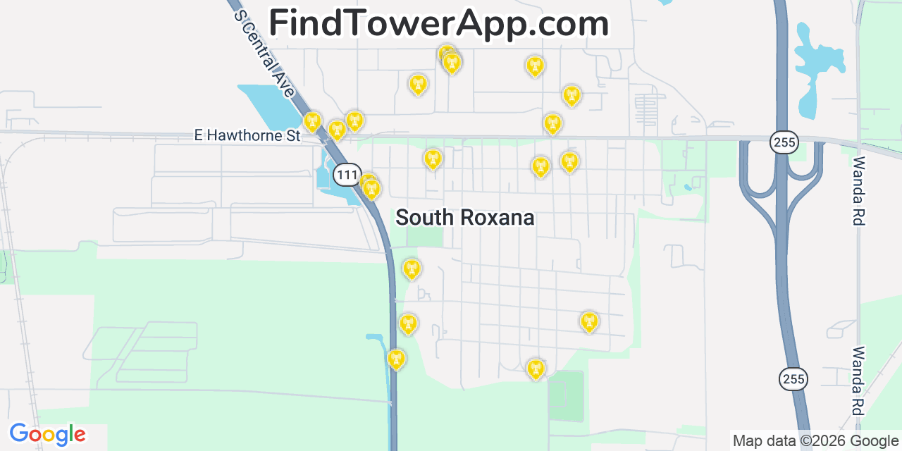 Map showing the 20 primary cell tower locations detected in South Roxana, Illinois from AT&T, Verizon, and T-Mobile networks