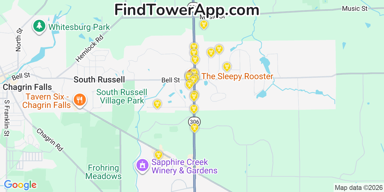 Map showing the 20 primary cell tower locations detected in South Russell, Ohio from AT&T, Verizon, and T-Mobile networks