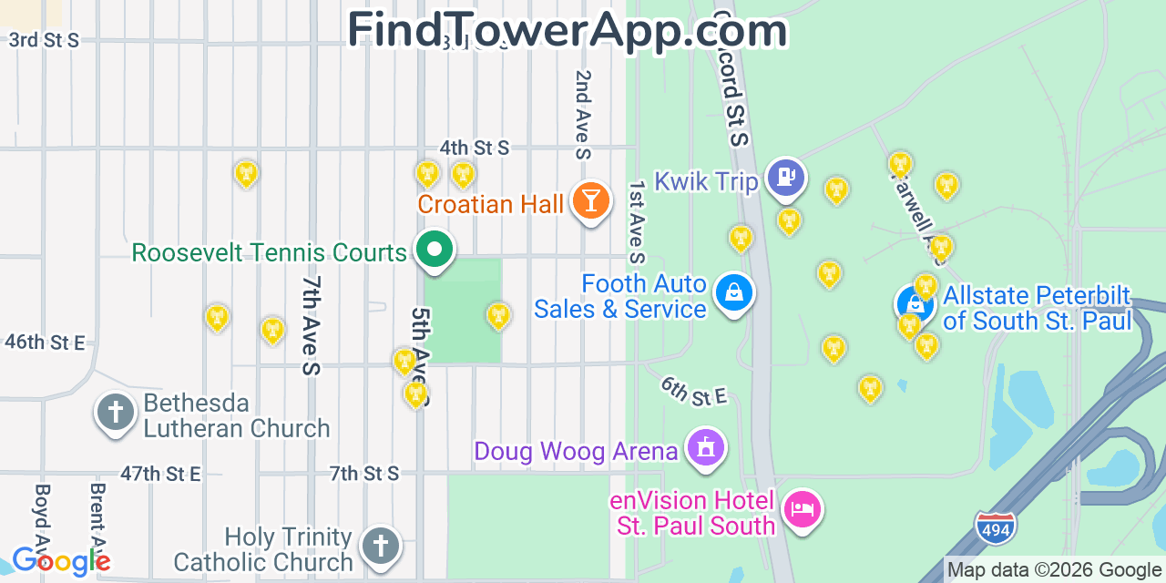 Map showing the 20 primary cell tower locations detected in South Saint Paul, Minnesota from AT&T, Verizon, and T-Mobile networks