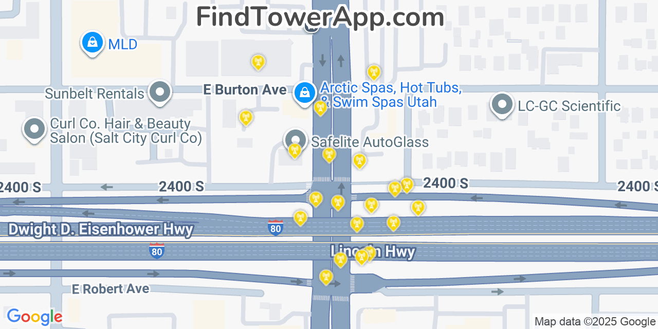 Map showing the 20 primary cell tower locations detected in South Salt Lake, Utah from AT&T, Verizon, and T-Mobile networks