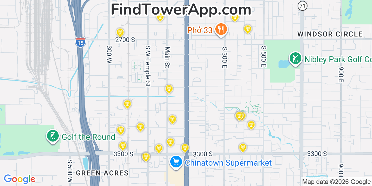 Map showing the 20 primary cell tower locations detected in South Salt Lake, Utah from AT&T, Verizon, and T-Mobile networks