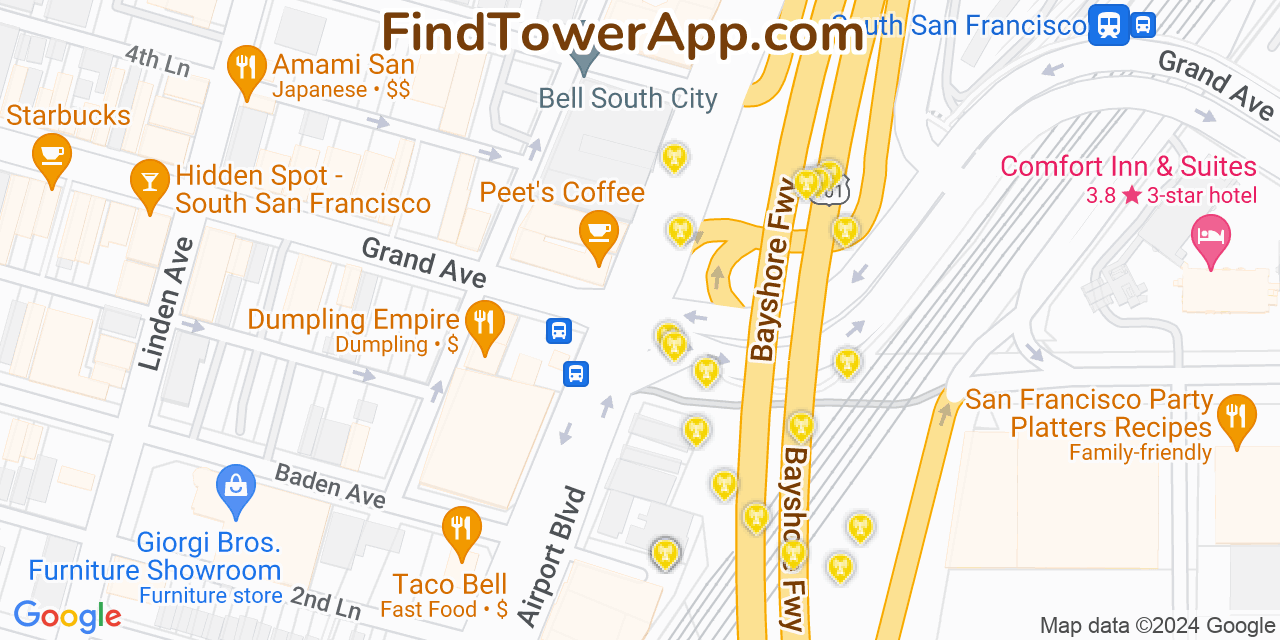 AT&T 4G/5G cell tower coverage map South San Francisco, California