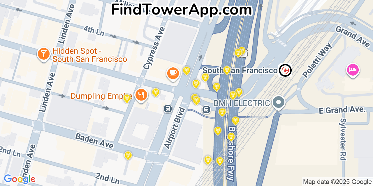Map showing the 20 primary cell tower locations detected in South San Francisco, California from AT&T, Verizon, and T-Mobile networks