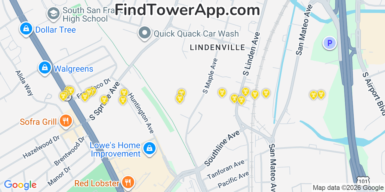 Map showing the 20 primary cell tower locations detected in South San Francisco, California from AT&T, Verizon, and T-Mobile networks