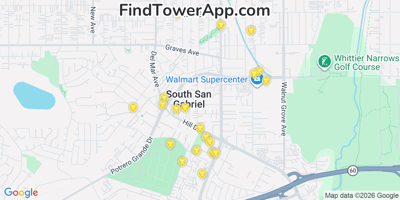 Map showing the 20 primary cell tower locations detected in South San Gabriel, California from AT&T, Verizon, and T-Mobile networks