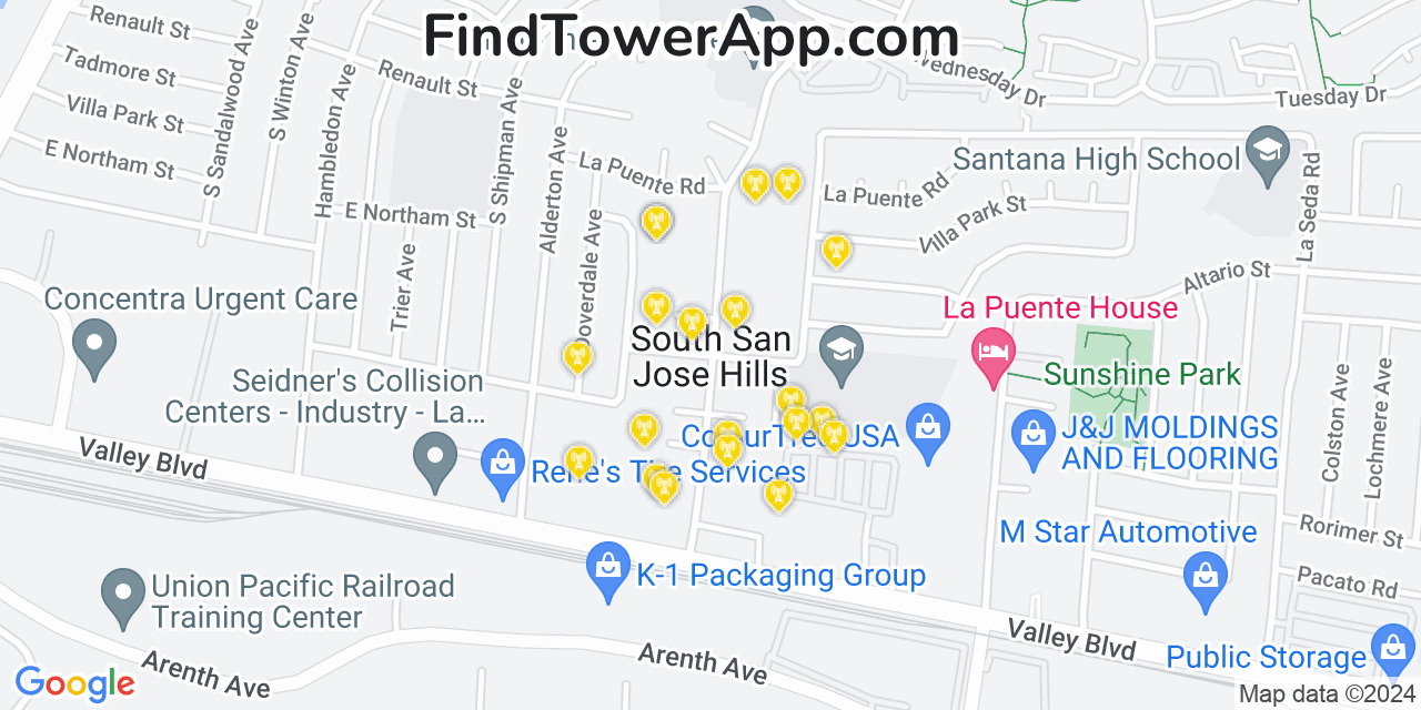 AT&T 4G/5G cell tower coverage map South San Jose Hills, California