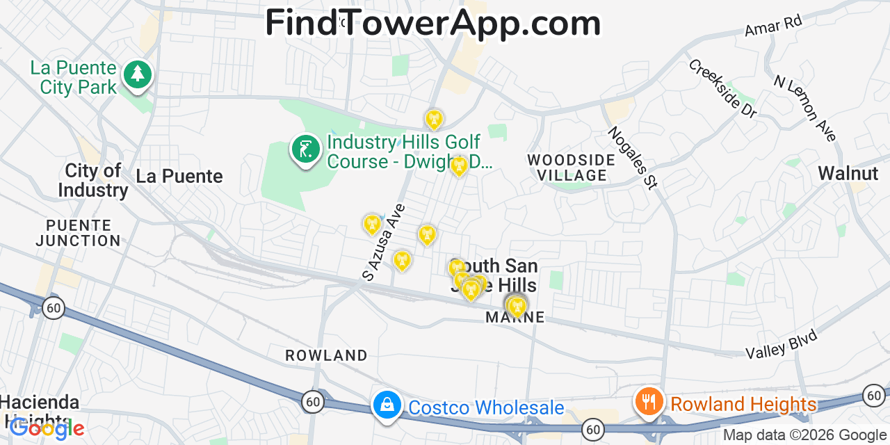 Map showing the 20 primary cell tower locations detected in South San Jose Hills, California from AT&T, Verizon, and T-Mobile networks