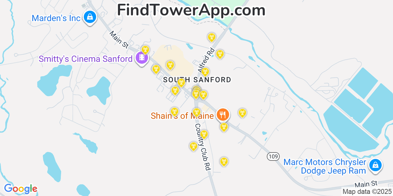Map showing the 20 primary cell tower locations detected in South Sanford, Maine from AT&T, Verizon, and T-Mobile networks