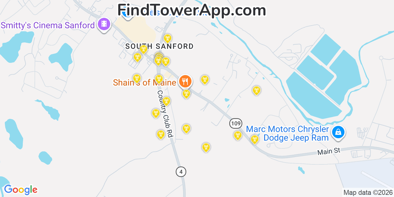 Map showing the 20 primary cell tower locations detected in South Sanford, Maine from AT&T, Verizon, and T-Mobile networks