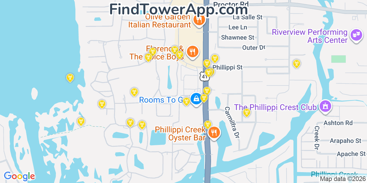 Map showing the 20 primary cell tower locations detected in South Sarasota, Florida from AT&T, Verizon, and T-Mobile networks