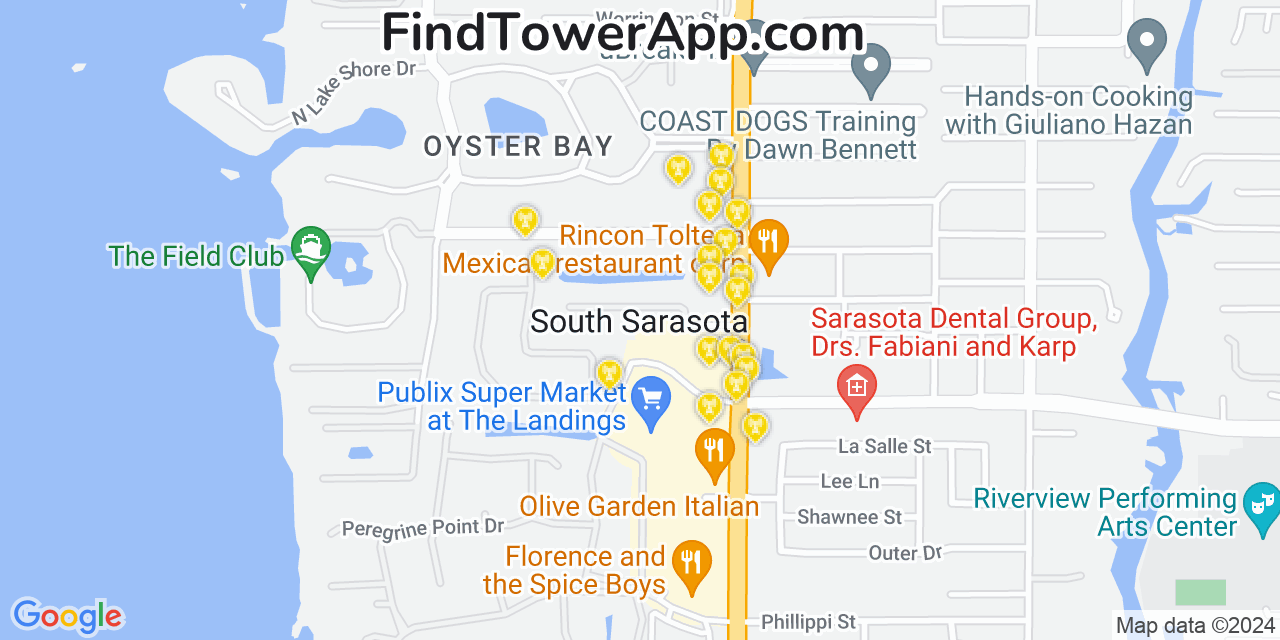 Verizon 4G/5G cell tower coverage map South Sarasota, Florida