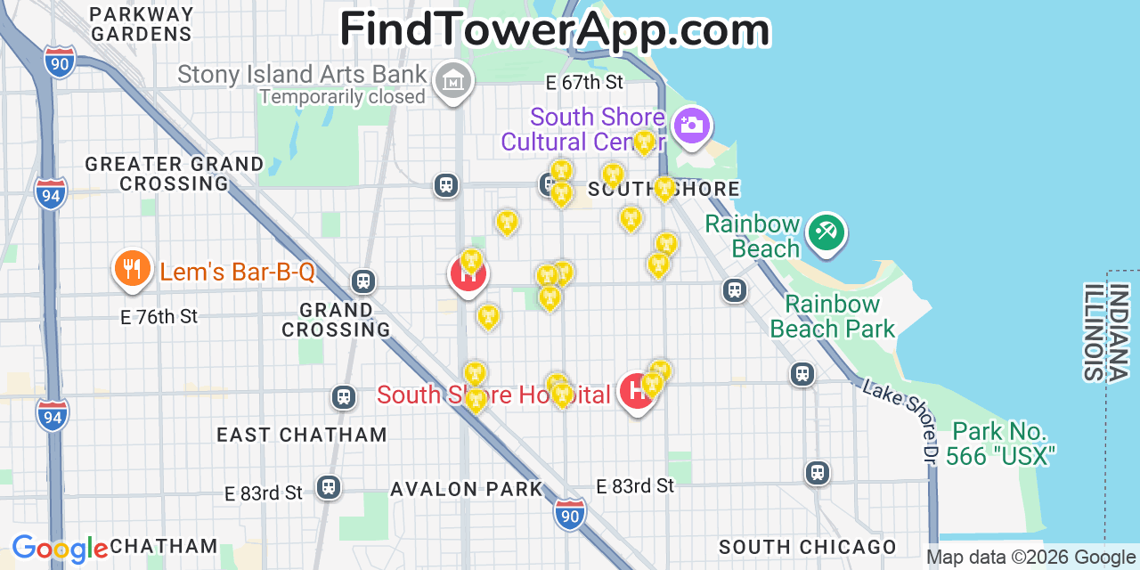 Map showing the 20 primary cell tower locations detected in South Shore, Illinois from AT&T, Verizon, and T-Mobile networks