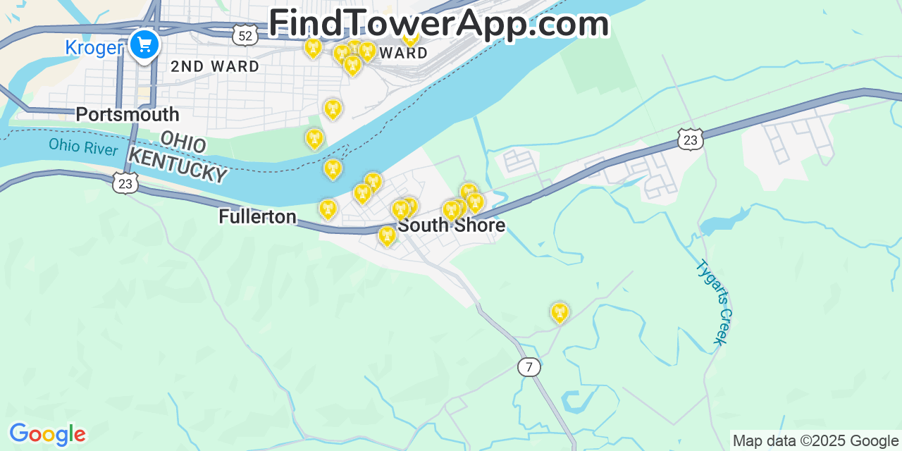 Map showing the 20 primary cell tower locations detected in South Shore, Kentucky from AT&T, Verizon, and T-Mobile networks