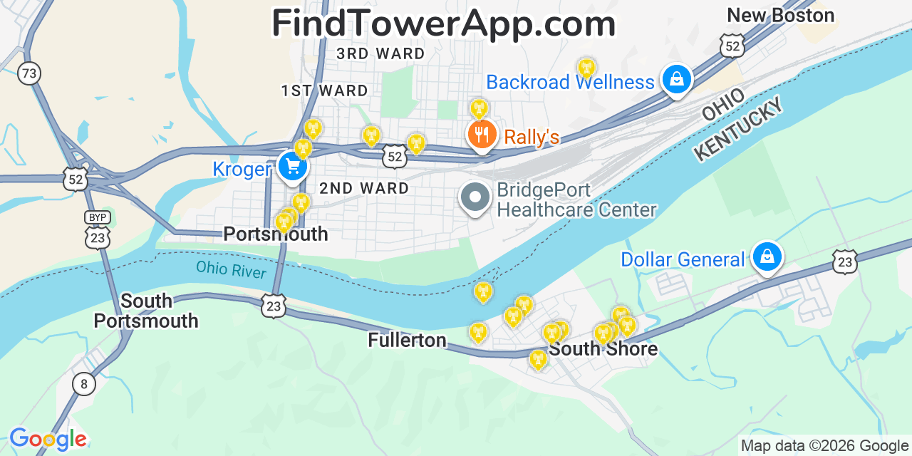 Map showing the 20 primary cell tower locations detected in South Shore, Kentucky from AT&T, Verizon, and T-Mobile networks