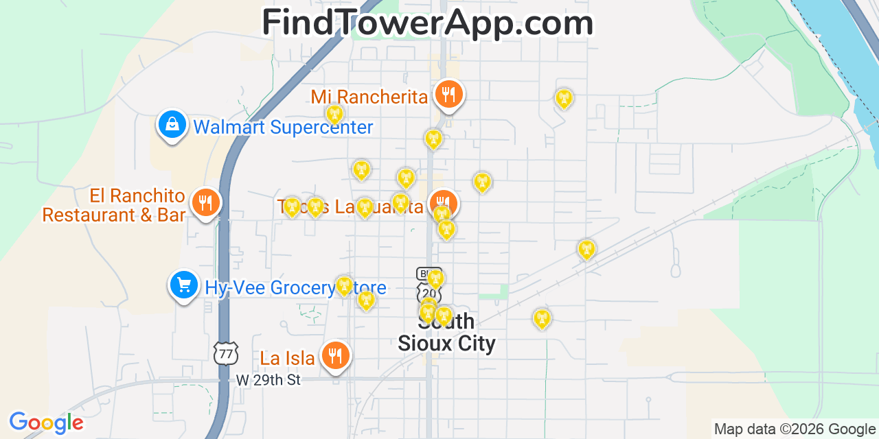 Map showing the 20 primary cell tower locations detected in South Sioux City, Nebraska from AT&T, Verizon, and T-Mobile networks