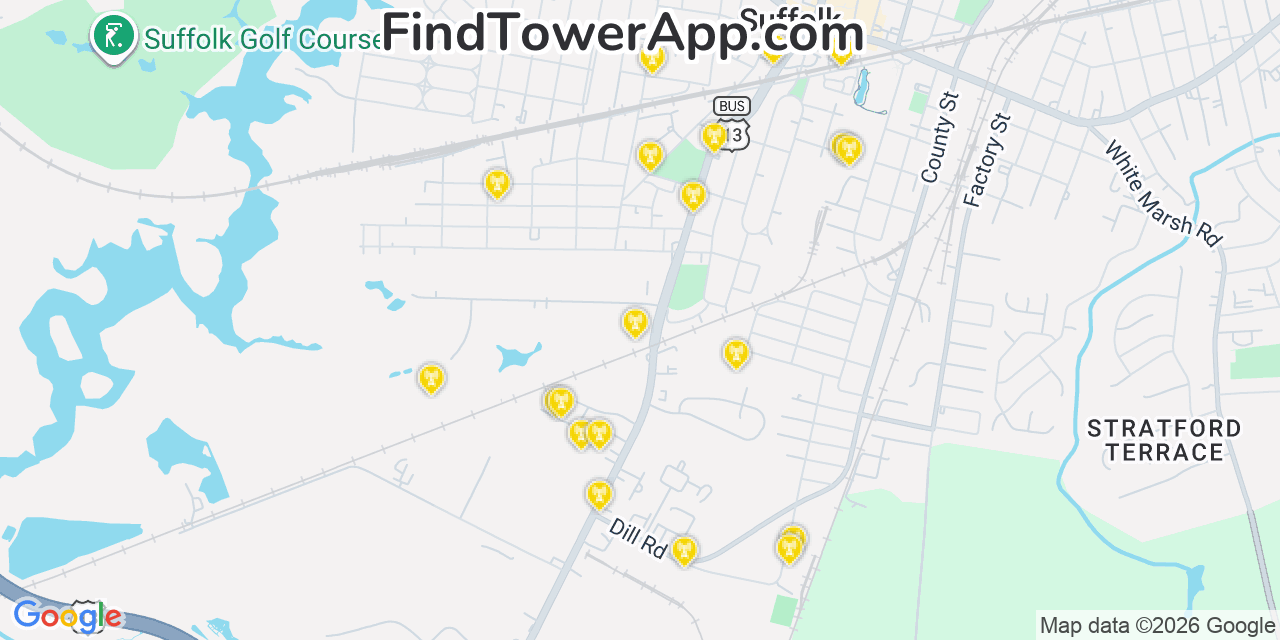 Map showing the 20 primary cell tower locations detected in South Suffolk, Virginia from AT&T, Verizon, and T-Mobile networks
