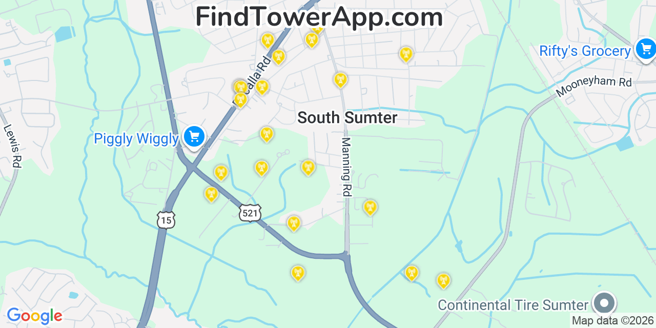 Map showing the 20 primary cell tower locations detected in South Sumter, South Carolina from AT&T, Verizon, and T-Mobile networks