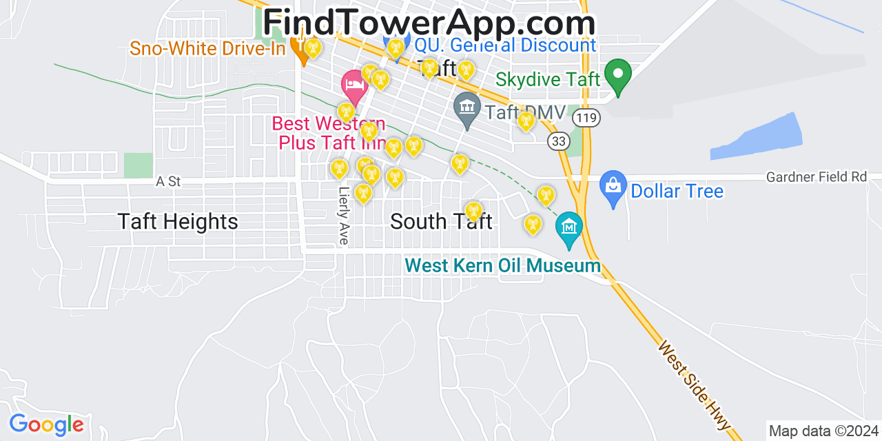 AT&T 4G/5G cell tower coverage map South Taft, California