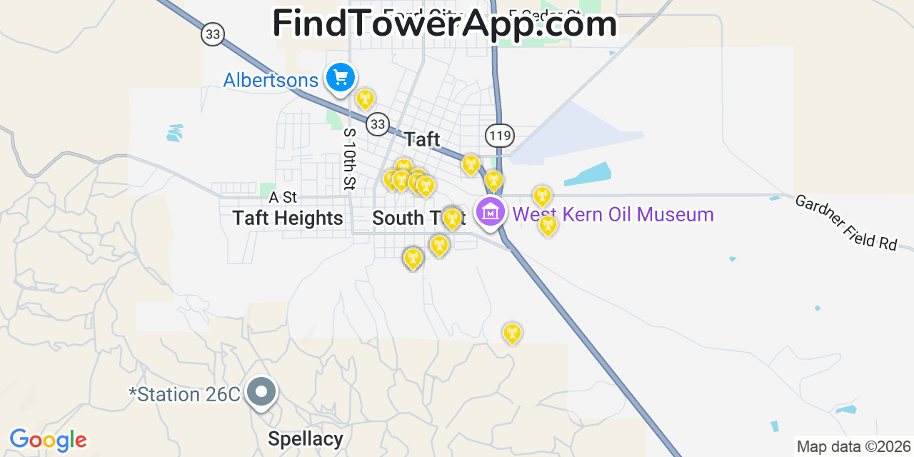 Map showing the 20 primary cell tower locations detected in South Taft, California from AT&T, Verizon, and T-Mobile networks