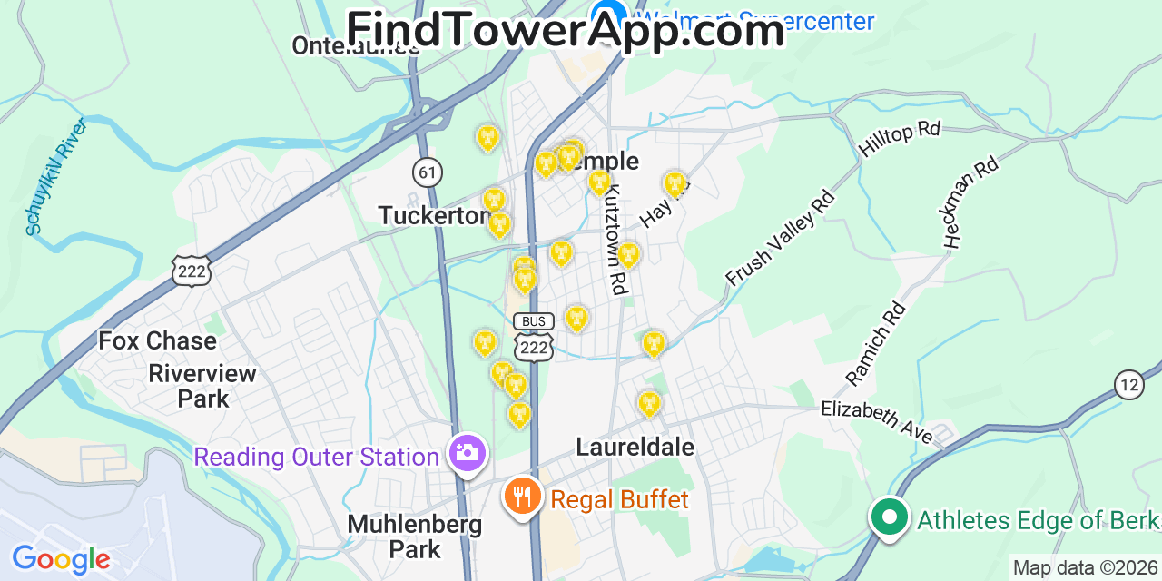 Map showing the 20 primary cell tower locations detected in South Temple, Pennsylvania from AT&T, Verizon, and T-Mobile networks
