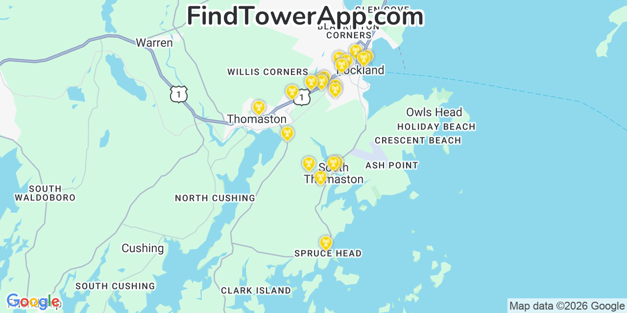 Map showing the 20 primary cell tower locations detected in South Thomaston, Maine from AT&T, Verizon, and T-Mobile networks