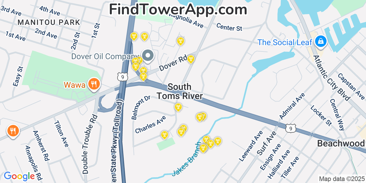 Map showing the 20 primary cell tower locations detected in South Toms River, New Jersey from AT&T, Verizon, and T-Mobile networks