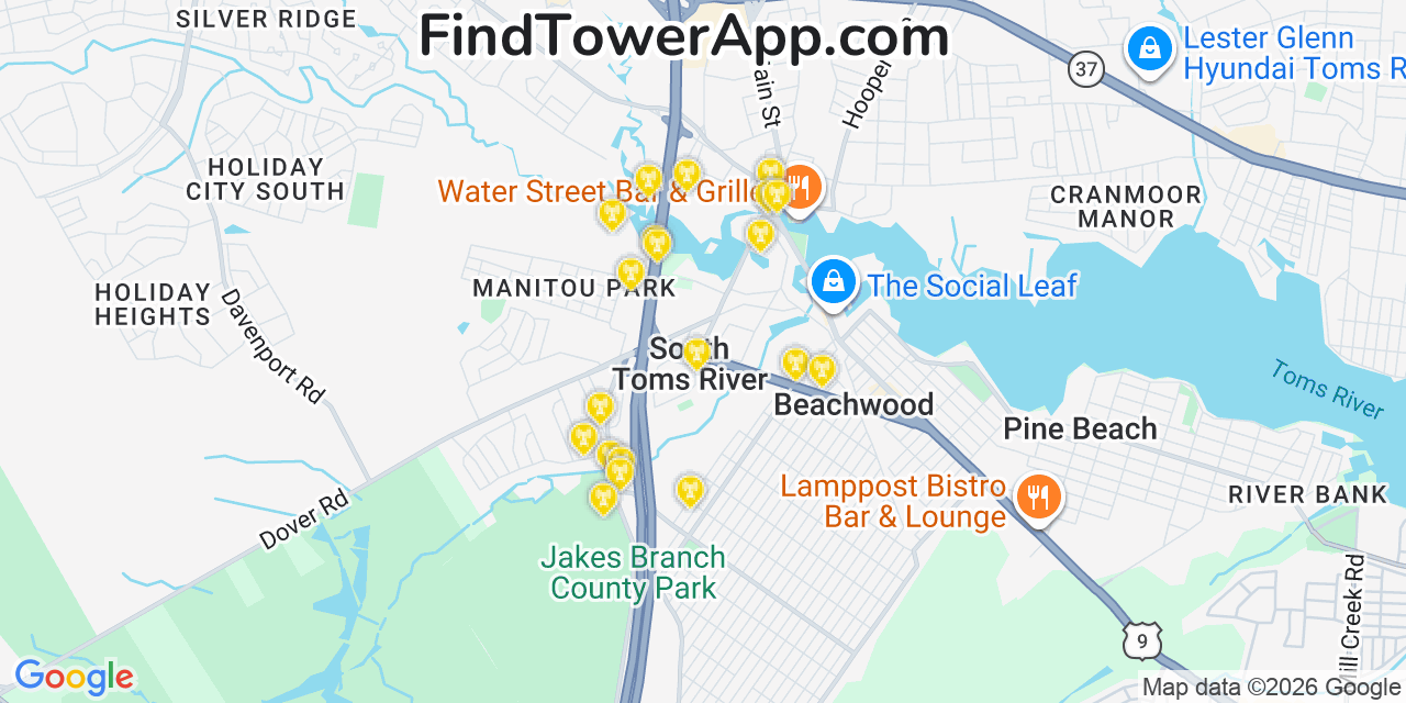 Map showing the 20 primary cell tower locations detected in South Toms River, New Jersey from AT&T, Verizon, and T-Mobile networks