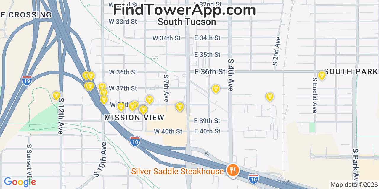 Map showing the 20 primary cell tower locations detected in South Tucson, Arizona from AT&T, Verizon, and T-Mobile networks