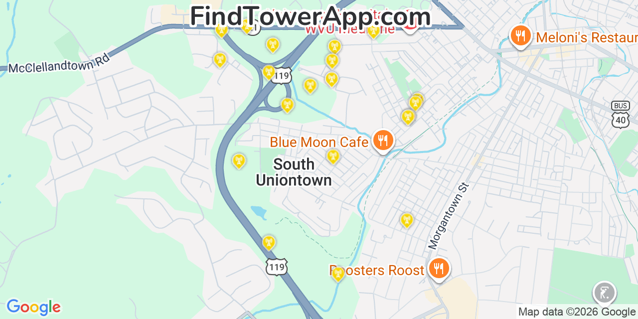 Map showing the 20 primary cell tower locations detected in South Uniontown, Pennsylvania from AT&T, Verizon, and T-Mobile networks