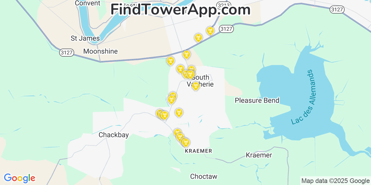 Map showing the 20 primary cell tower locations detected in South Vacherie, Louisiana from AT&T, Verizon, and T-Mobile networks