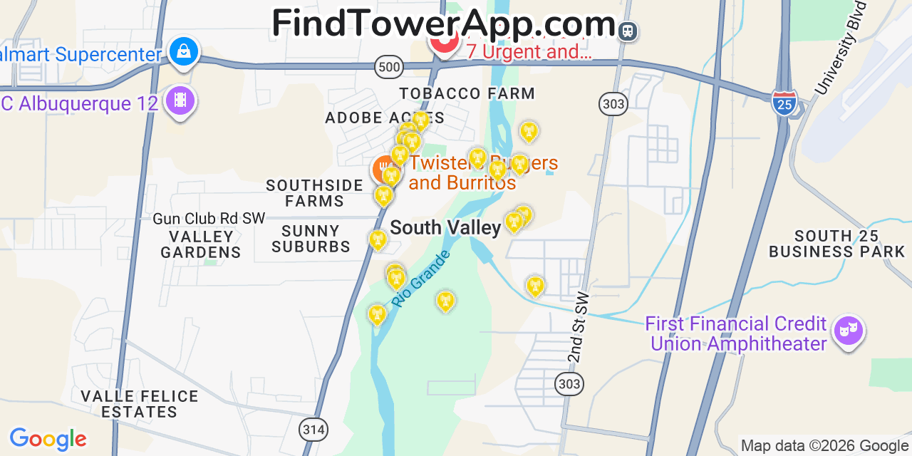 Map showing the 20 primary cell tower locations detected in South Valley, New Mexico from AT&T, Verizon, and T-Mobile networks